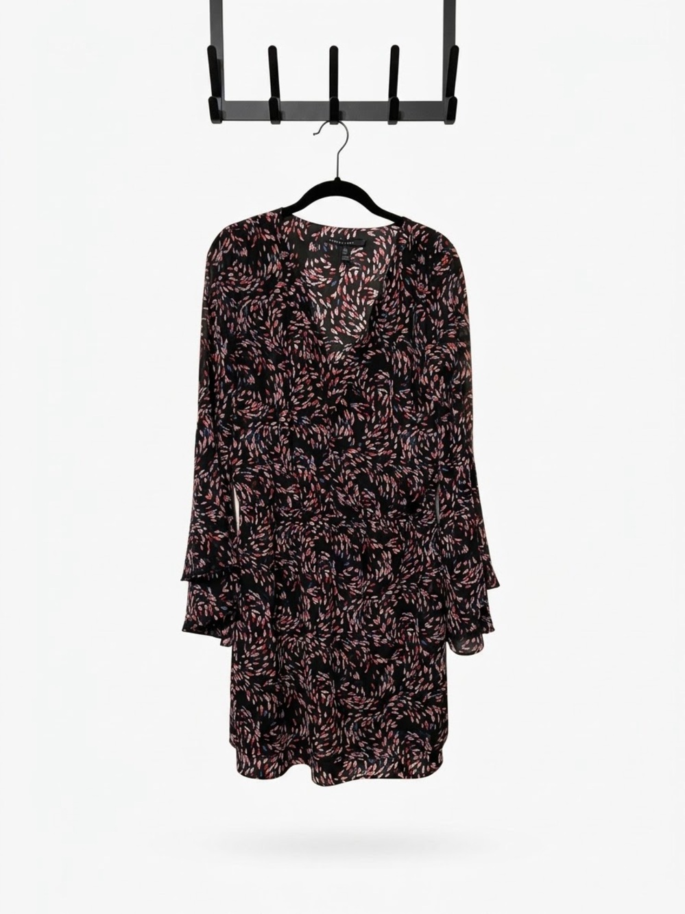 White House Black Market Black Long-Sleeve V-Neck Dress with Pink Print